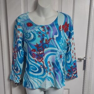 Pierri New York Blue & Red Beaded Floral Top